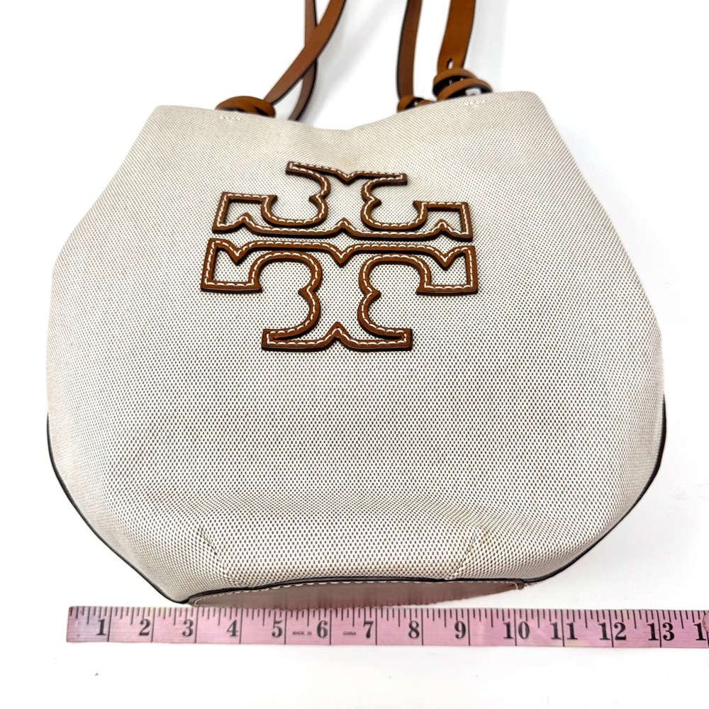 Authentic Tory Burch Small Canvas Round Tote Purse Natural / Classic - Picture 8 of 13